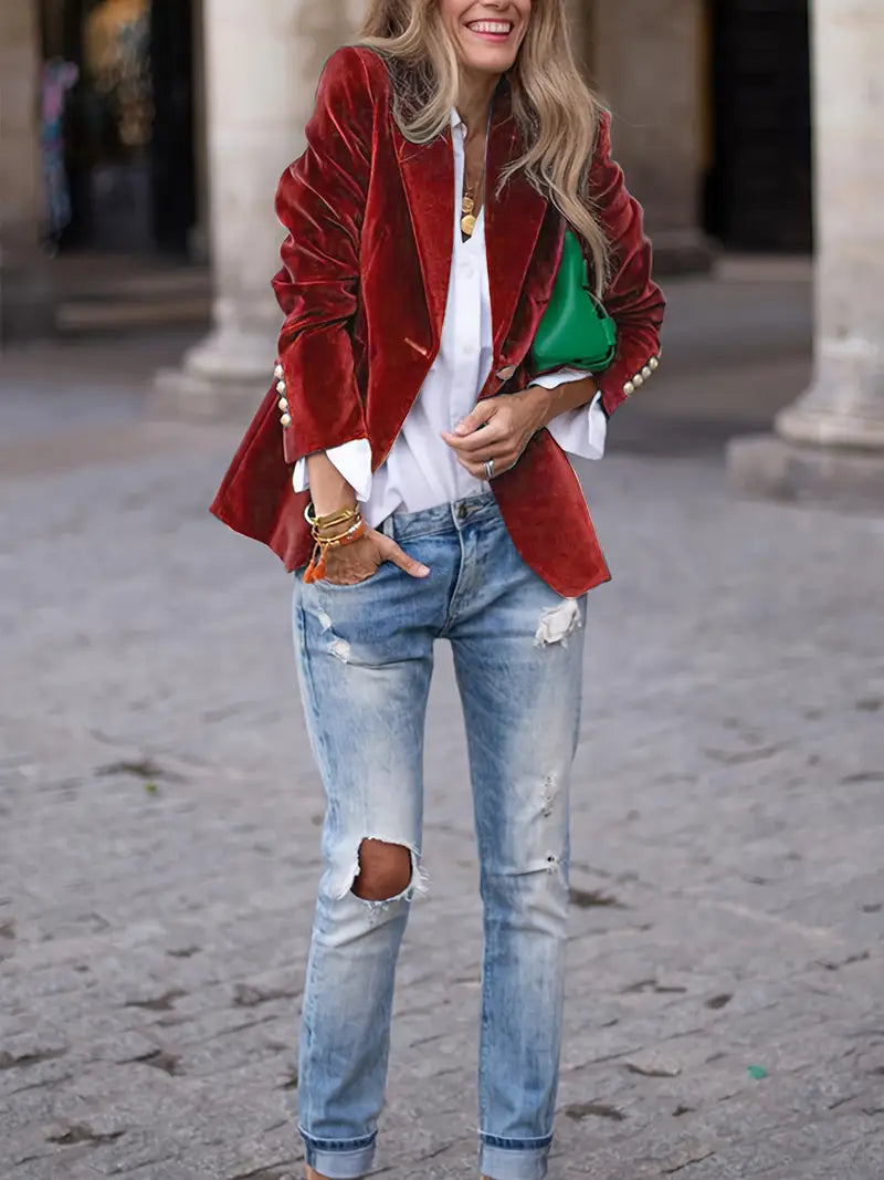 Julie | Velvet Blazer -  Red