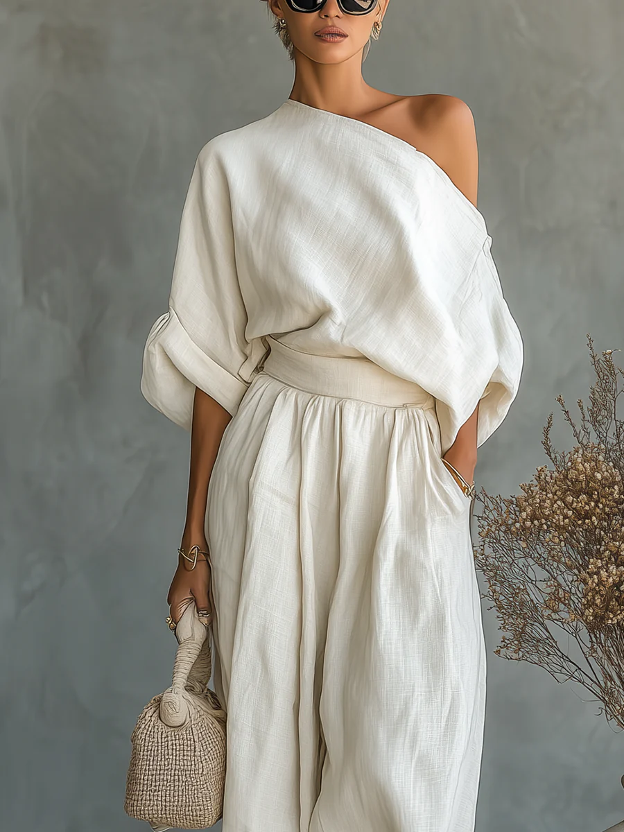 Livy | Off-white Off-shoulder Loose Casual Top And Tapered Pants Set