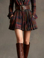 Vin | Red and Brown Plaid Mini Dress（Includes belt）