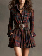 Vin | Red and Brown Plaid Mini Dress（Includes belt）