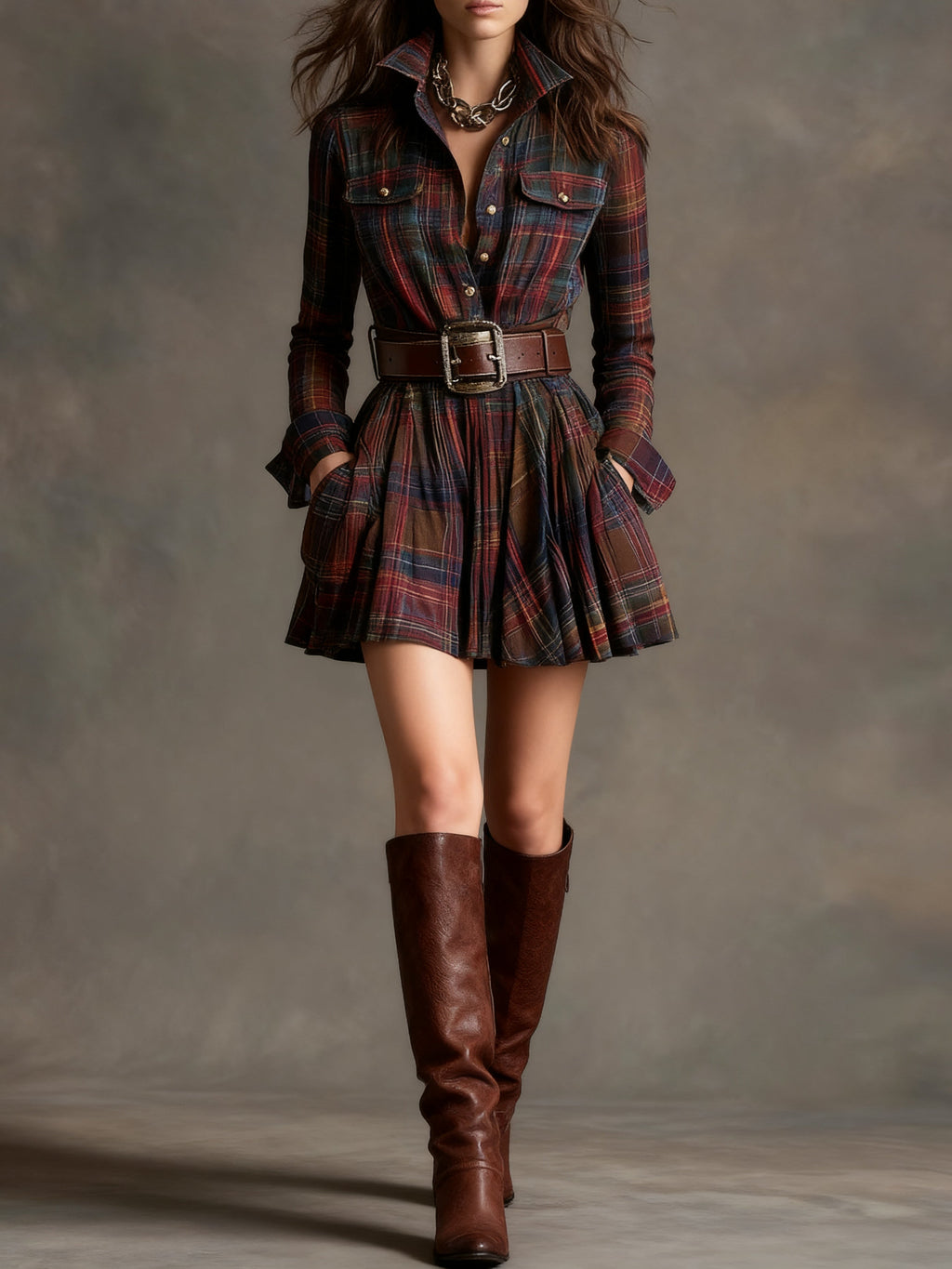 Vin | Red and Brown Plaid Mini Dress（Includes belt）