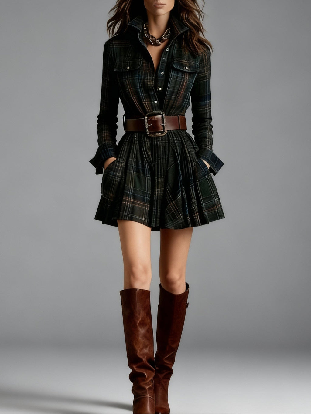 Vin | Red and Brown Plaid Mini Dress（Includes belt）
