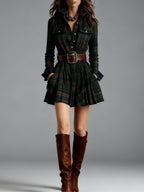 Vin | Red and Brown Plaid Mini Dress（Includes belt）