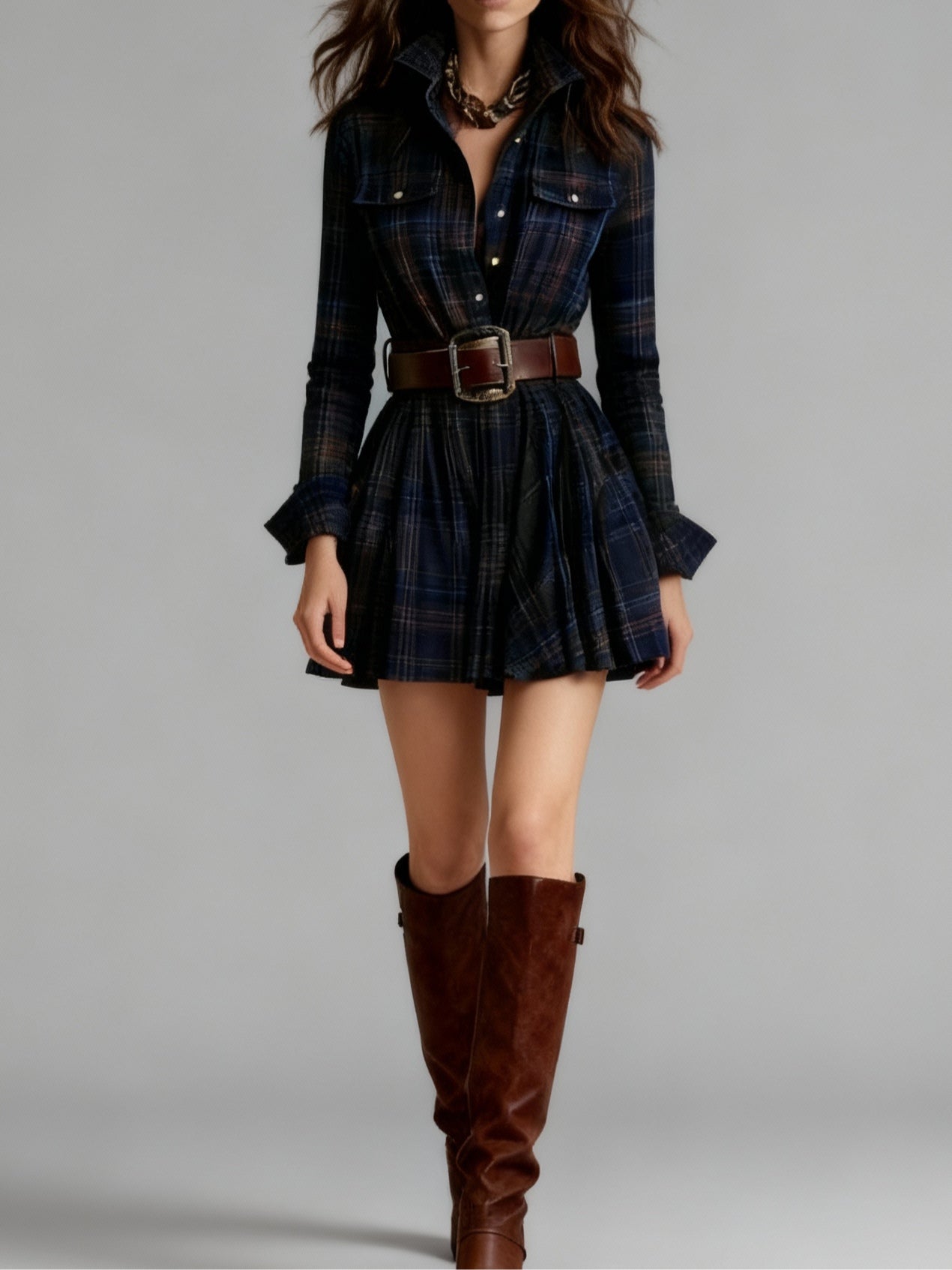 Vin | Red and Brown Plaid Mini Dress（Includes belt）