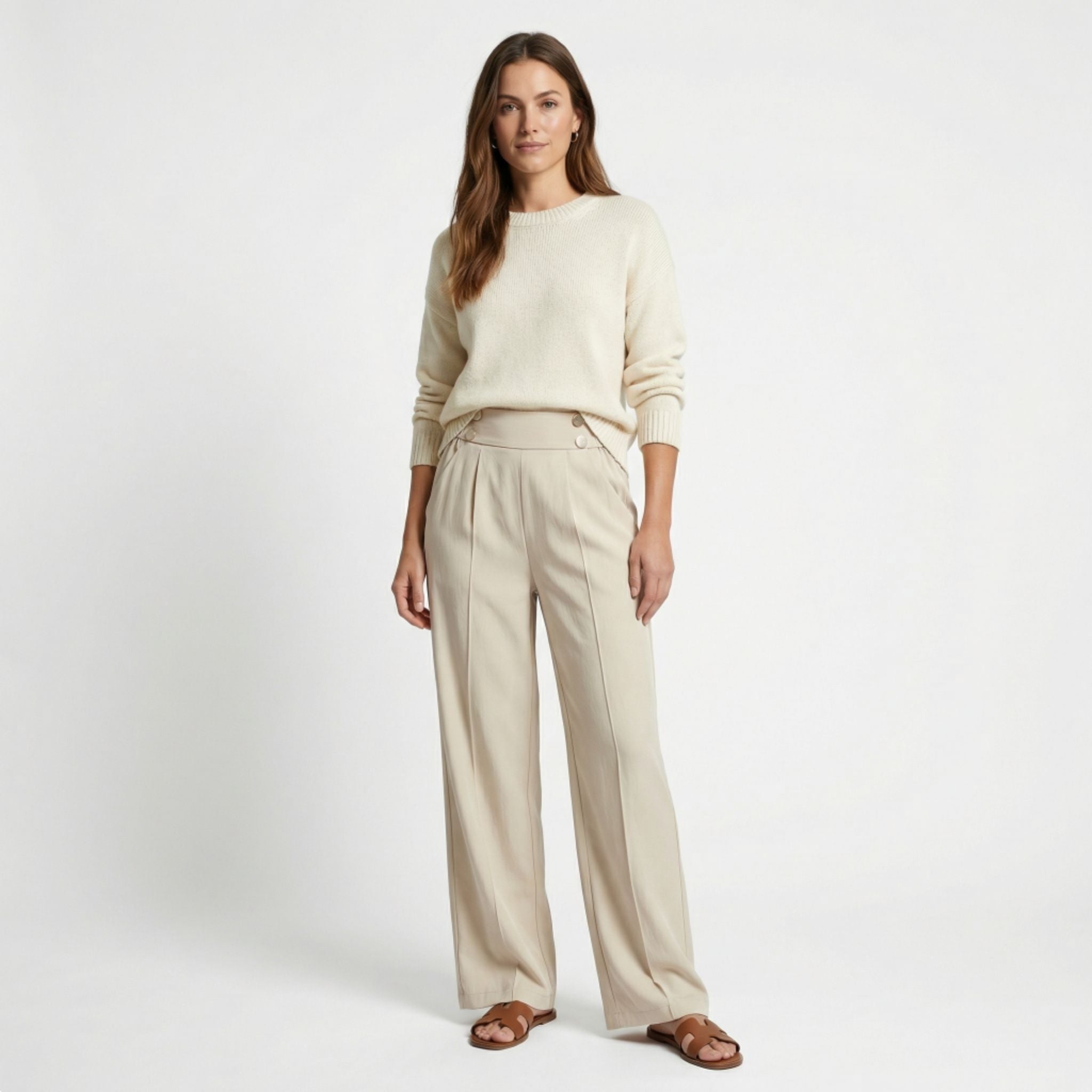 Loa | Women’s Straight-Leg Office Pants – Elegant Button Detail Style